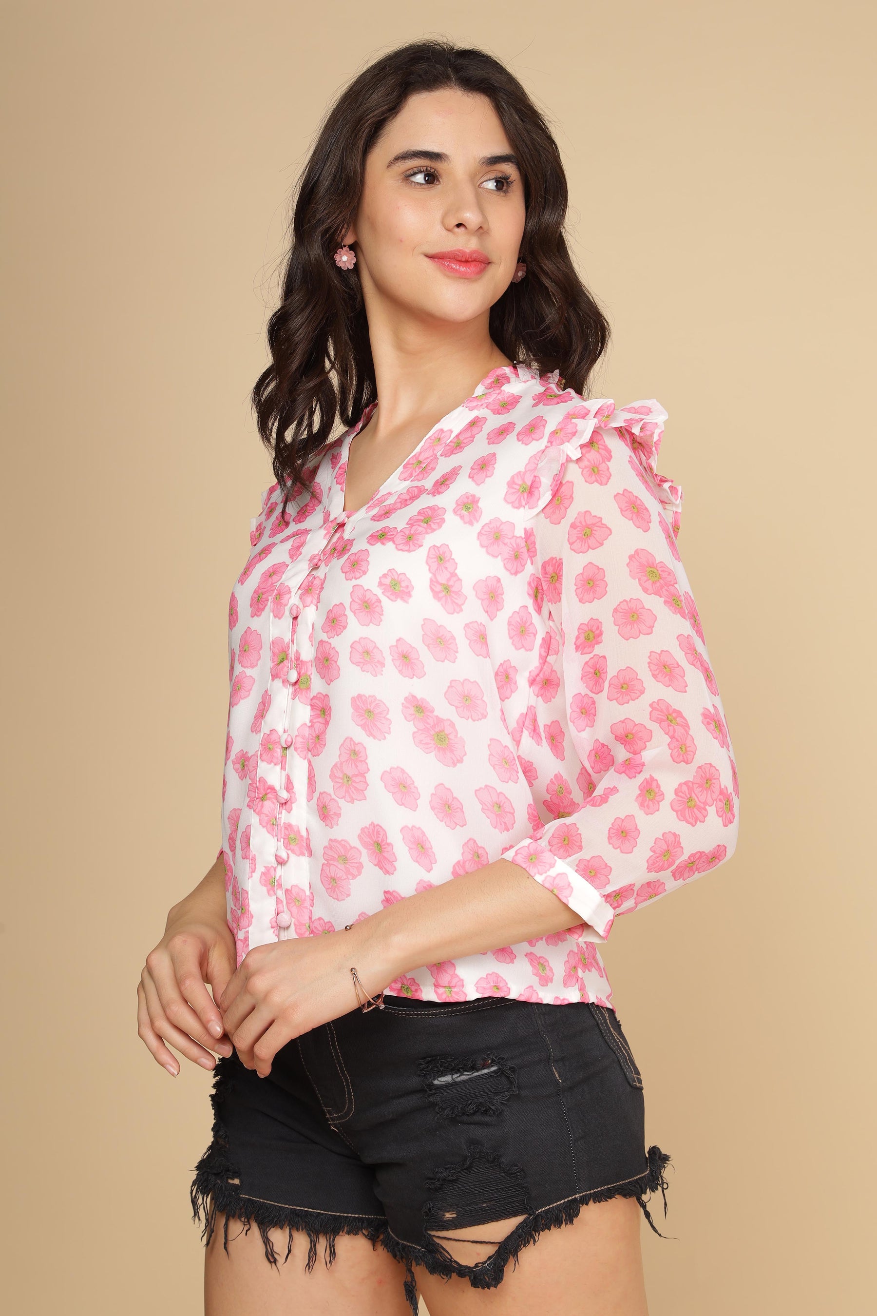 PINK RUFFLE FLORAL TOP
