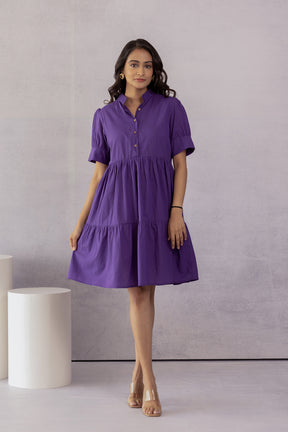 Stylish purple cotton midi dress for casual and elegant occasions.