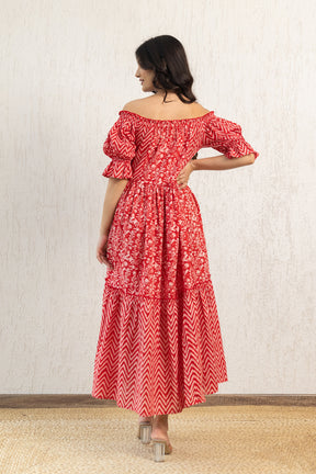 RED OFF SHOULDER COTTON MAXI