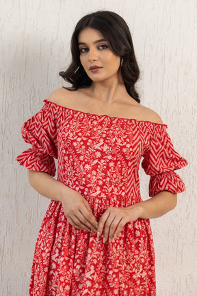 RED OFF SHOULDER COTTON MAXI