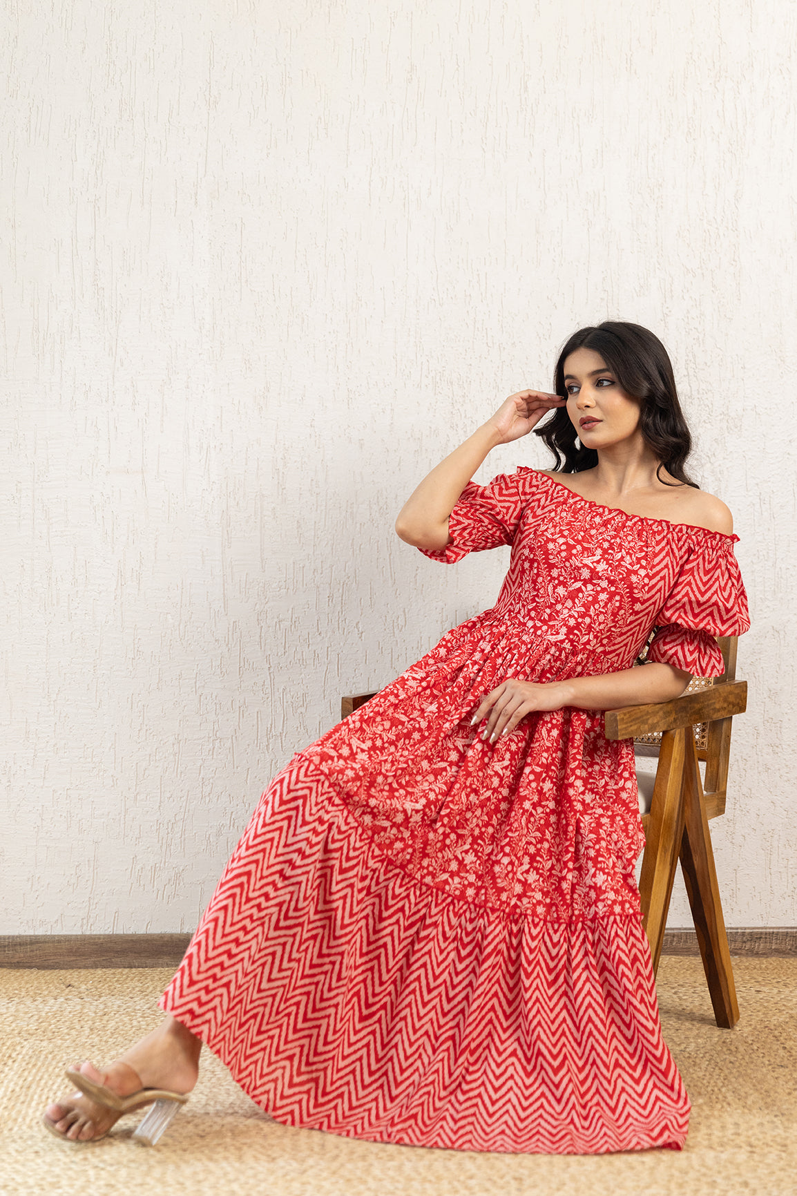 RED OFF SHOULDER COTTON MAXI