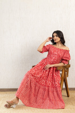 RED OFF SHOULDER COTTON MAXI