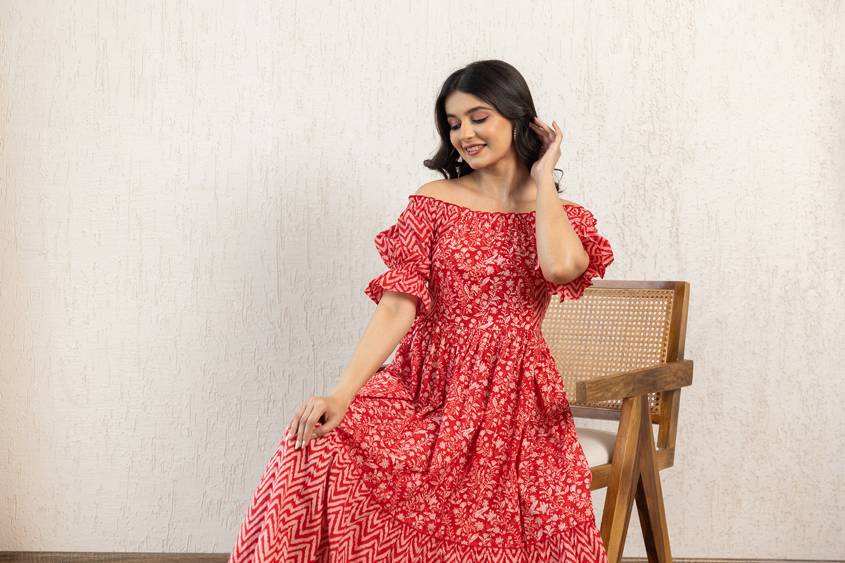 RED OFF SHOULDER COTTON MAXI