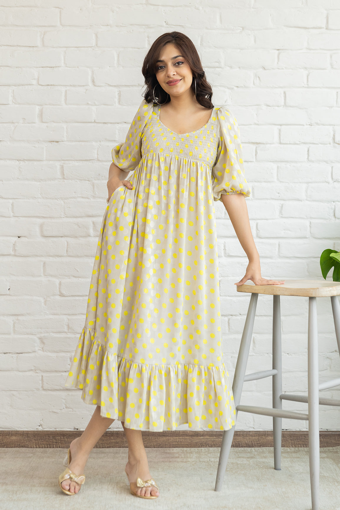 GREY & YELLOW POLKA MAXI