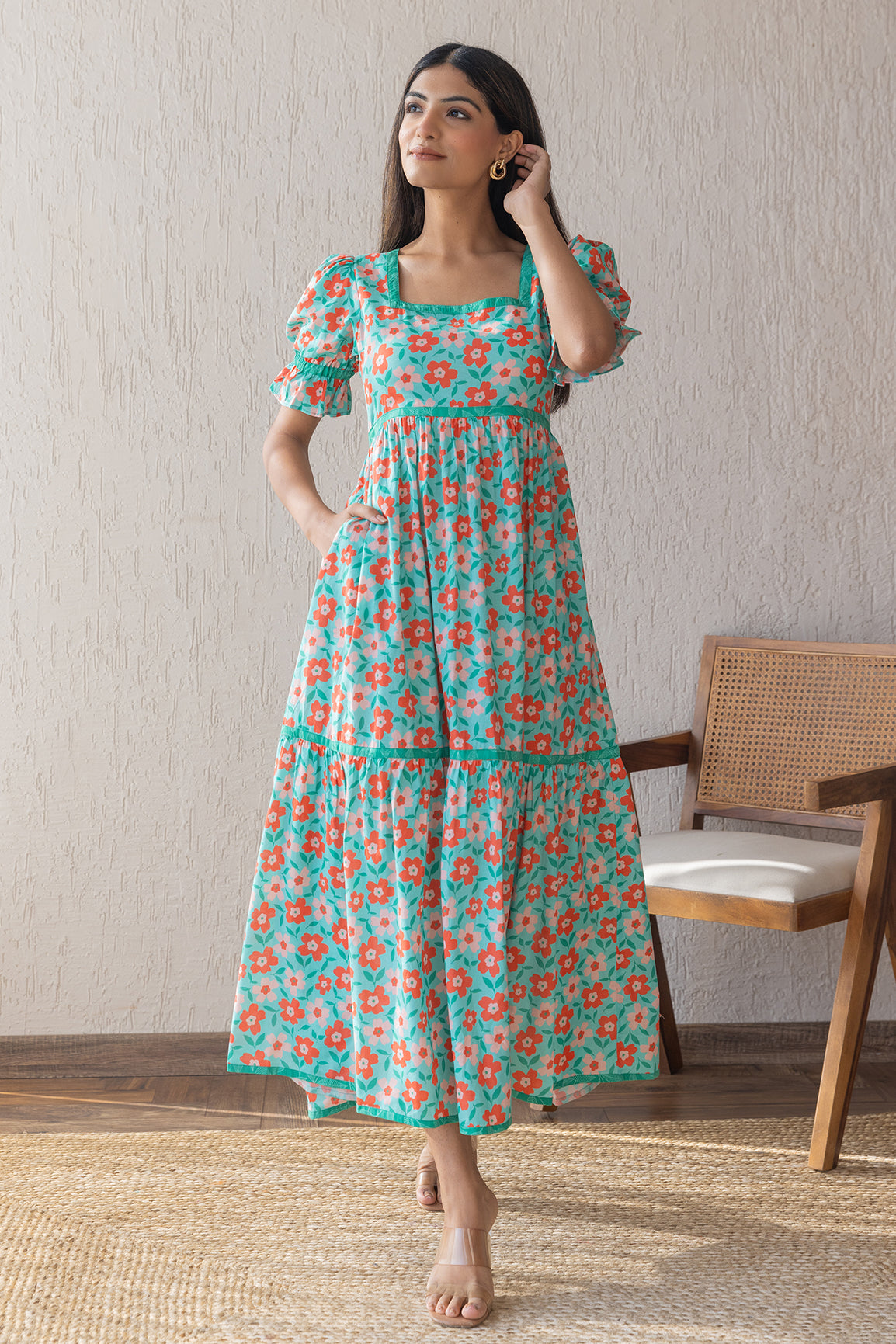 GREEN FLORAL COTTON MAXI