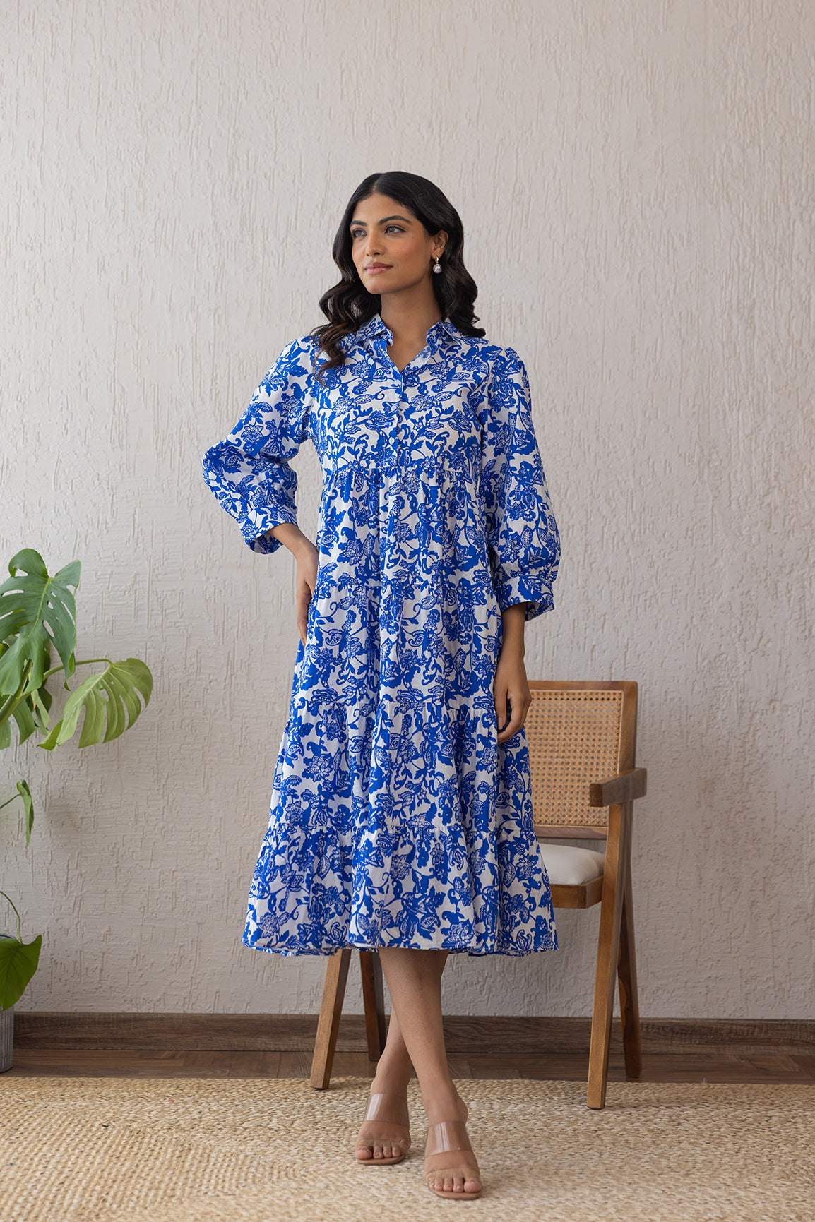 Blue and white cotton maxi dress in floral pattern.