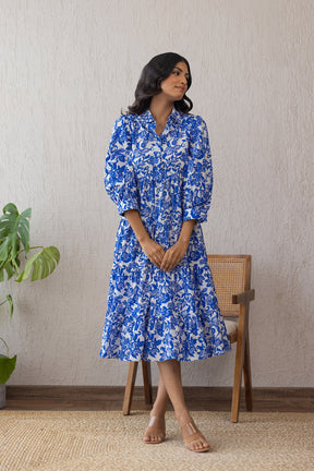 Blue and white floral cotton maxi dress on model in stylish setting.