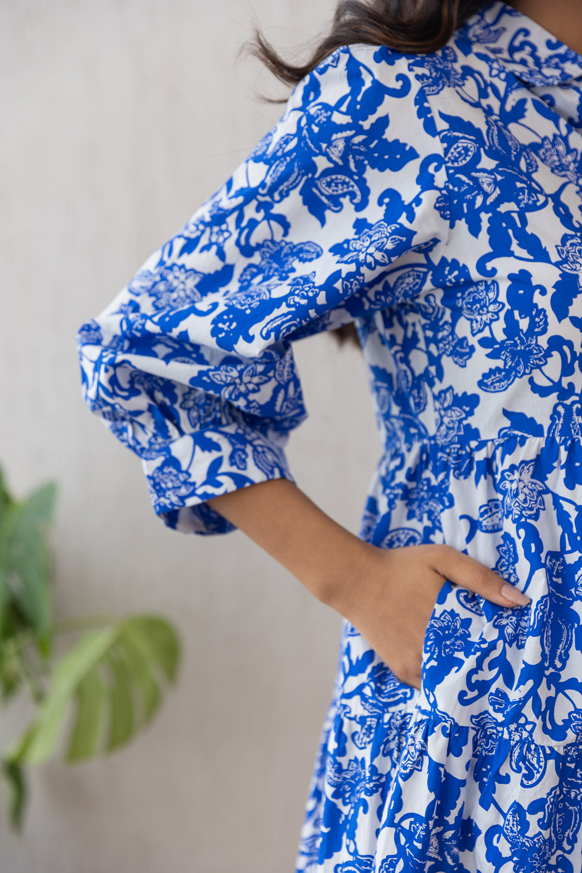 Blue and white floral cotton maxi dress with pockets.