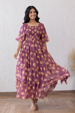 Salmon Polka Dot Maxi dress featuring puff sleeves and tiered design.