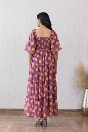 Back view of Salmon Polka Dot Maxi Dress with puff sleeves.