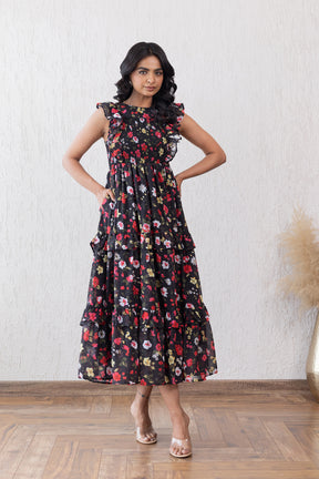 BLACK FLORAL SMOCKED MAXI