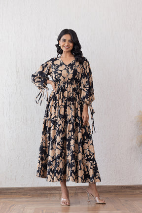 Elegant black and beige floral maxi dress for women.