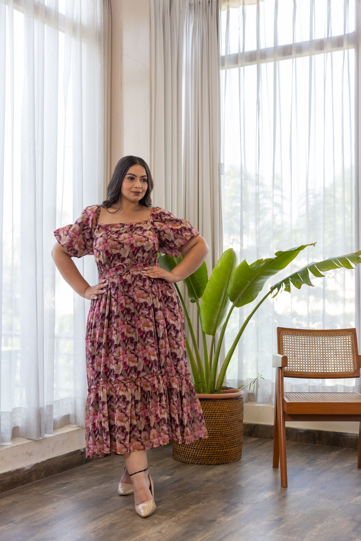 WINE BELTED FLORAL MAXI - POLAGO PLUS