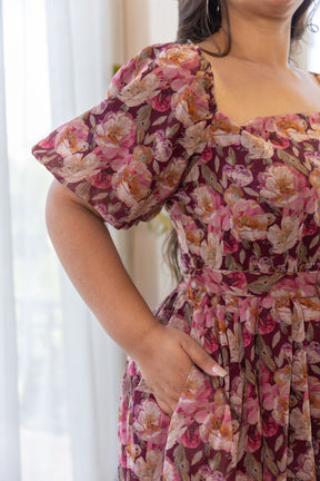 WINE BELTED FLORAL MAXI - POLAGO PLUS